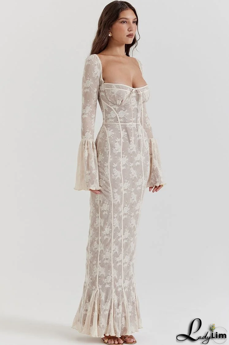 Vintage Bow Tie Pleated Floral Lace Fishtail Evening Maxi Dress - Cream