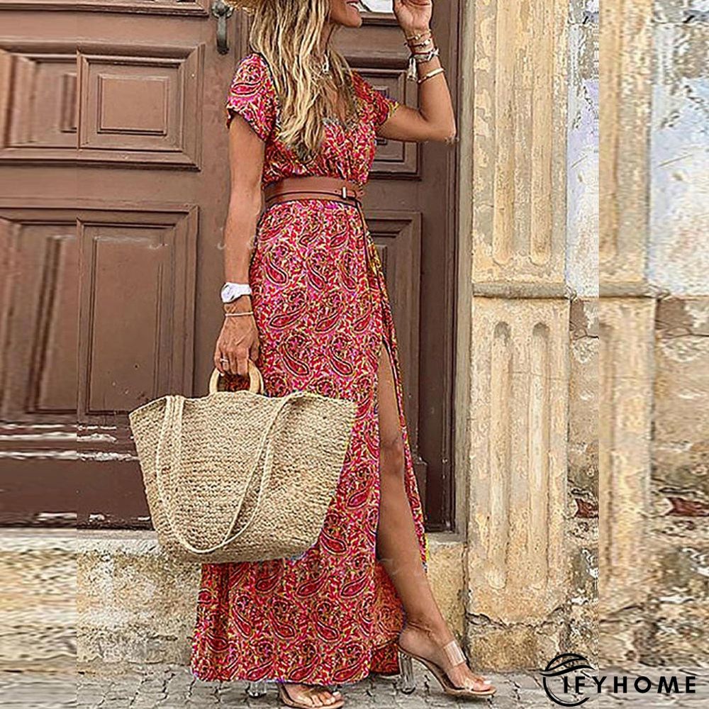 Fashionkova  Boho Long Dress For Women Fashion V Neck Short Sleeve Paisley Print Dresses Summer Belt Large Hem Beach Dress Elegant Maxi Dress | IFYHOME