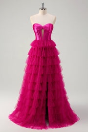 Ovlias Breathtaking Strapless Layered Tulle Cut Out Split Backless Prom Dress LY0623