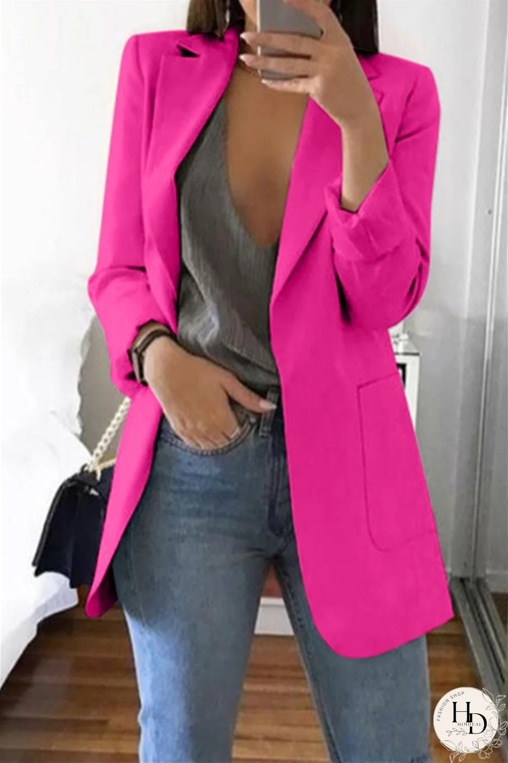 Rose Red Casual Long Sleeves Suit Jacket