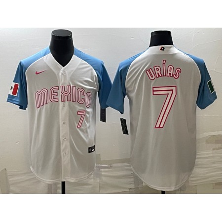 Men's Mexico Baseball #7 Julio Urias 2023 White Blue World Baseball Classic Stitched Jersey 1F6P