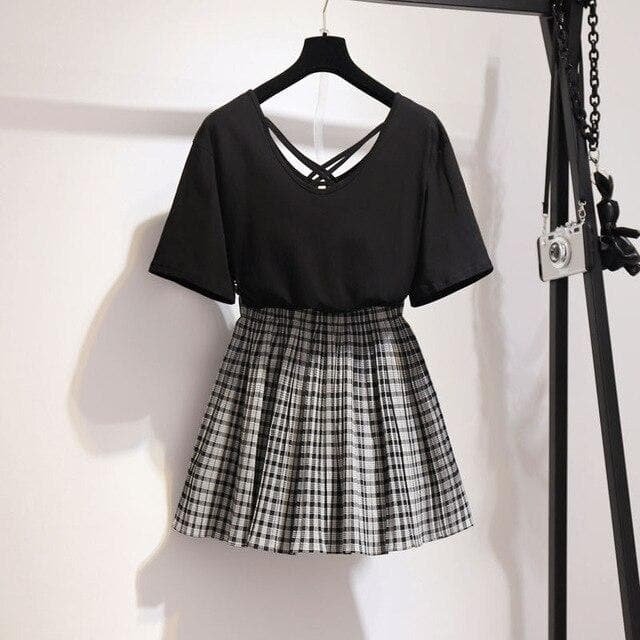 Black Chic T-shirt & Plaid Skirt Two Piece Set SP15063