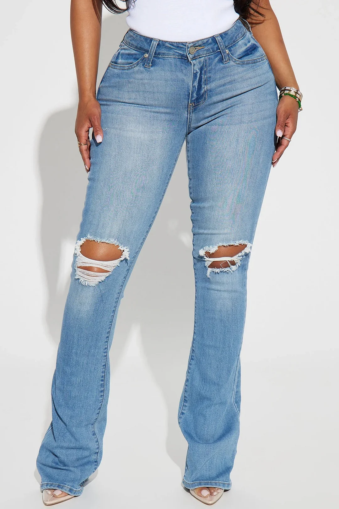 Women's 2024 Elastic High Waist Straight Ripped Denim Jeans
