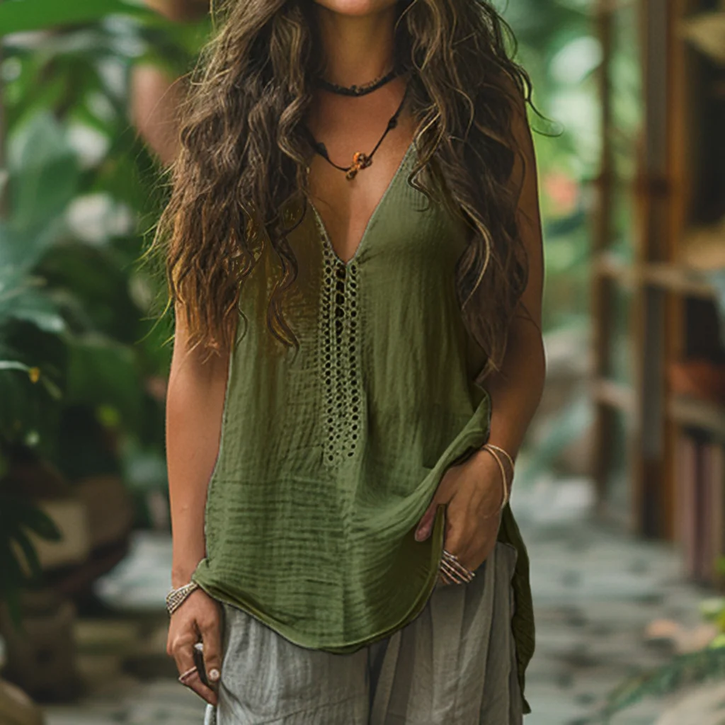 Retro Loose, Comfortable And Breathable Ethnic Style Linen V-neck Suspender Sleeveless Top