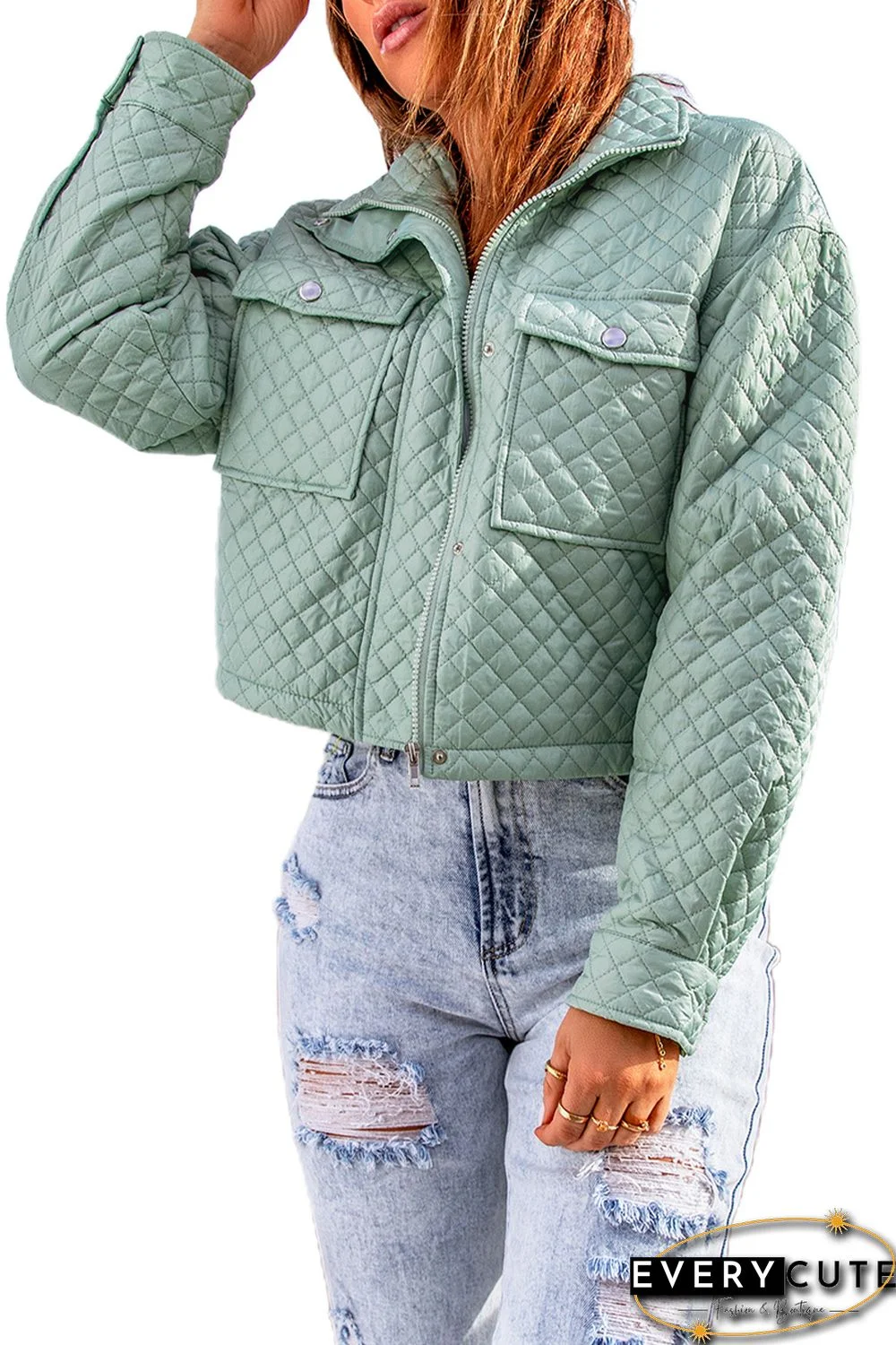 Green Quilted Pocketed Zip-up Cropped Jacket