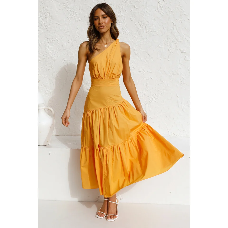 Brownm Brownm And Summer 2023 New Single Shoulder Knot Solid Color Fresh And Sweet Long Dress 22004