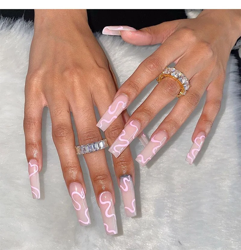 24pcs Long French False Nails Pink Wave Design Fake Nails Hit Color Ballet Blue Purple Nail Art Tools Press On Nail Summer Style-Nail Inspo