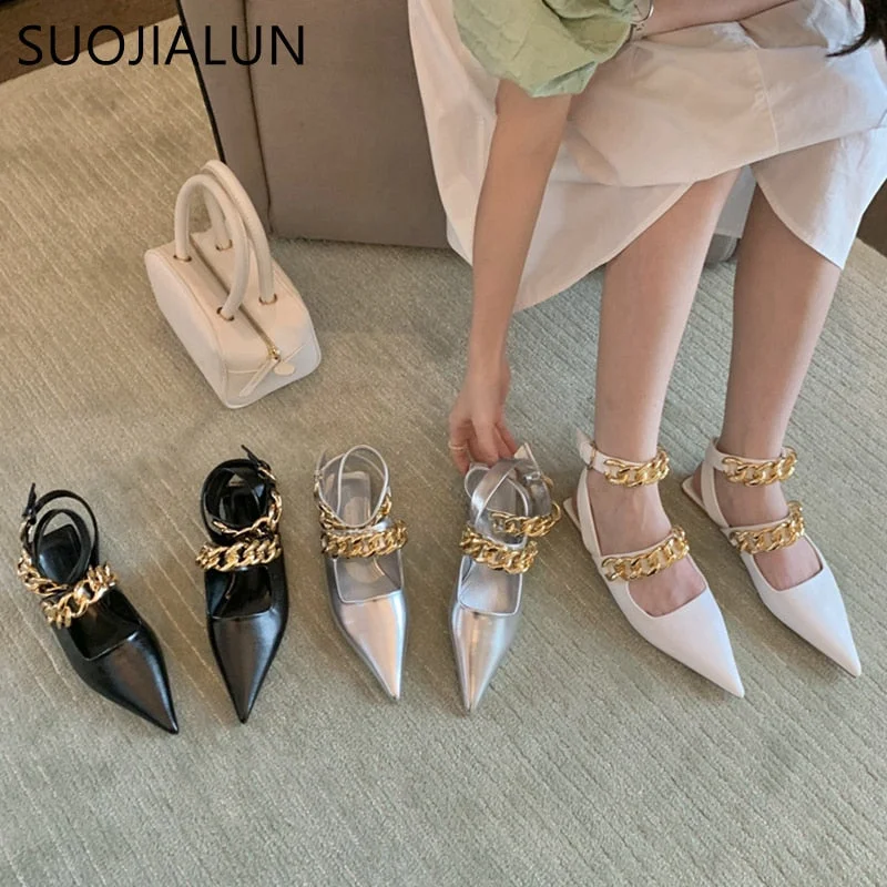 SUOJIALUN 2022 Women Flat Sandal Fashion Brand Chain Pointed Toe Shallow Mules Shoes Flat Heel Dress Party Sandal Shoes Slides
