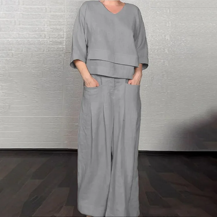 Casual Solid Color Large Size Irregular Linen Two Piece Set