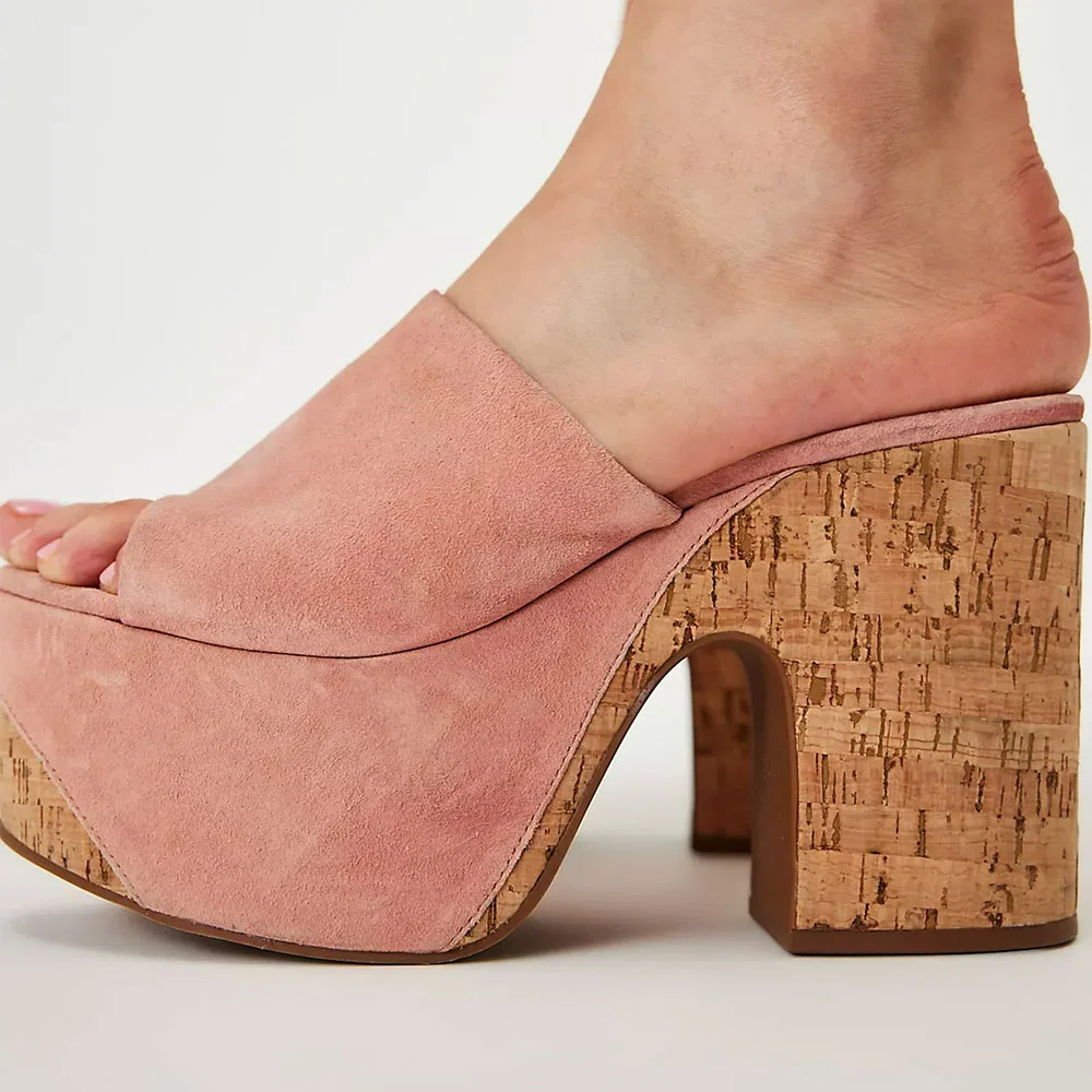 Pink Chunky High Heel Round Toe Platform Mules Sandals for Women