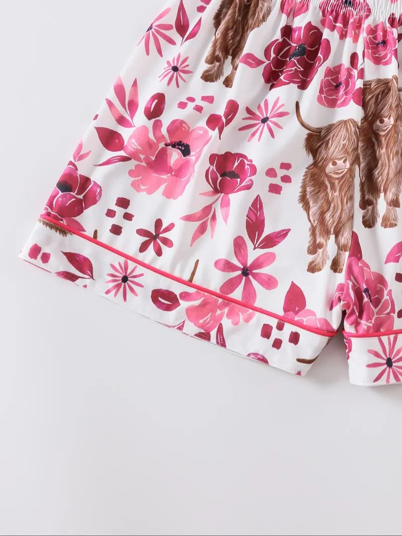 Women's Floral & Cow Print Top & Shorts Pajama Two-piece Set, Casual Comfy Short Sleeve Top & Shorts Pajama Set, Ladies Sleepwear for Summer, Womenswear