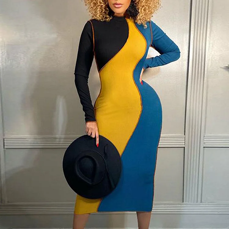 Colorblock Long Sleeve Midi Dress - IRBOOM Fashion Clothing