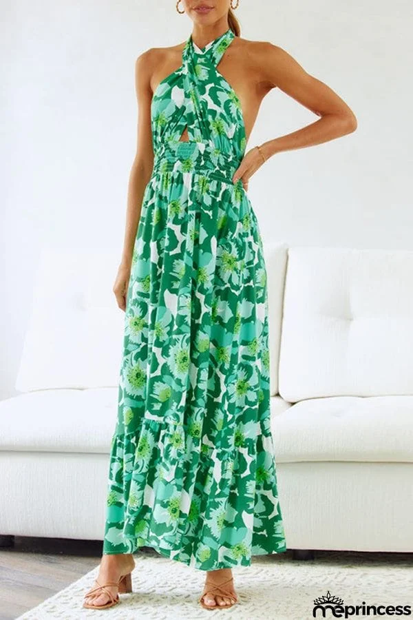Halterneck Green Print Maxi Dress