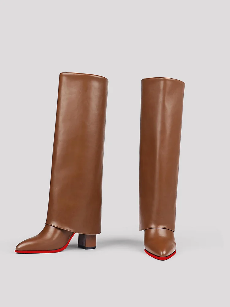 95mm Women's Fold Over Knee High Boots Chunky High Heels  Red Bottom Pointy Toe Long Boots Wide Calf Zip-on Boots