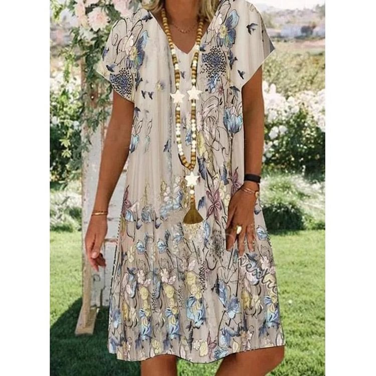 V Neck Short Sleeve Women Summer Casual Loose Elegant Beach Boho Dresses