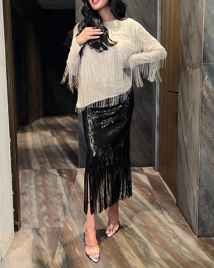 Women's Round Neck Sequined Tassel Two-Piece Dress