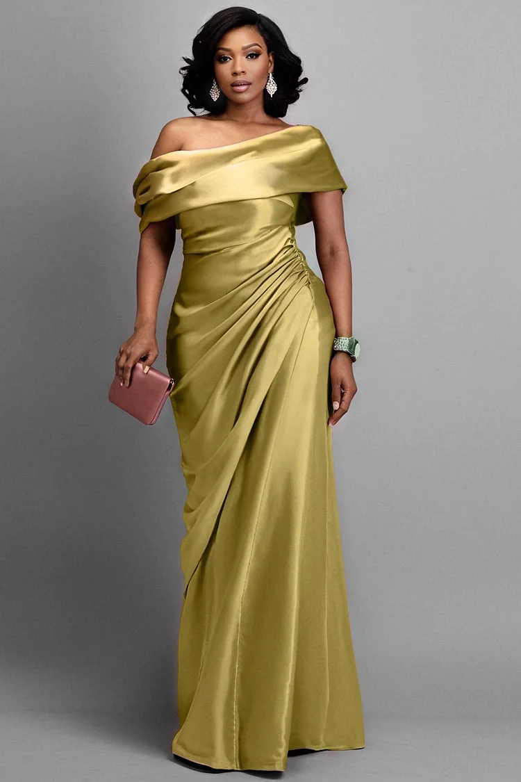 Xpluswear Design Plus Size Formal Green Off The Shoulder Short Sleeve Fold Elegant Satin Maxi Dresses [Pre-Order]