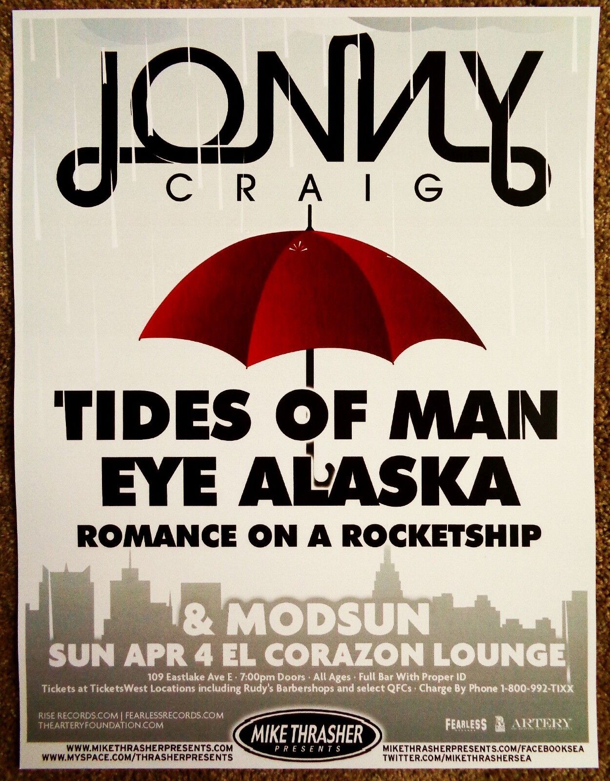 JONNY CRAIG 2010 Gig POSTER Concert Seattle Washington Dance Gavin Dance