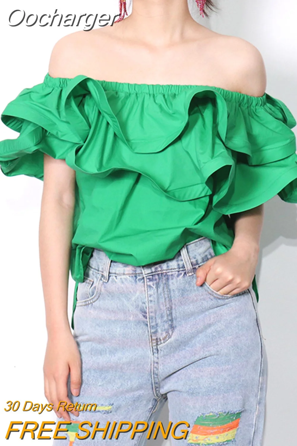 Oocharger Chic Patchwork Ruffle Shirt For Women Slash Neck Short Sleeve Casual Green Blouse Female Fashion New Clothing 2023