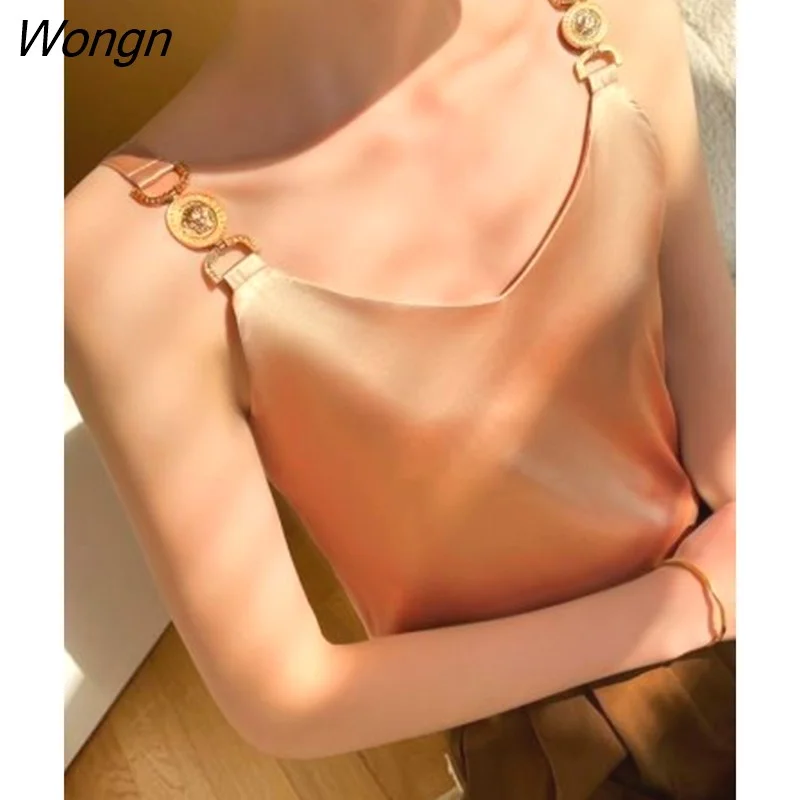 Wongn Women's T-shirt Silk Metal Buckle V-neck Vest Elegant Temperament Halter Top Solid Camis Black SATIN Sexy Off The Shoulder Top