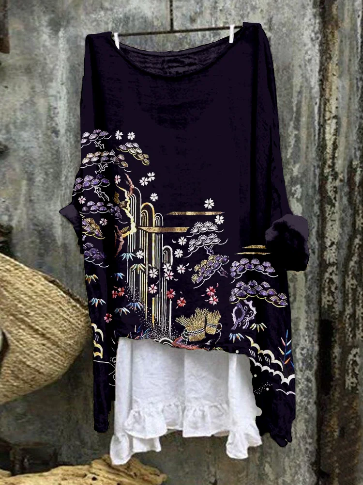 Japanese Embroidered Art Linen Blend Flowy Tunic