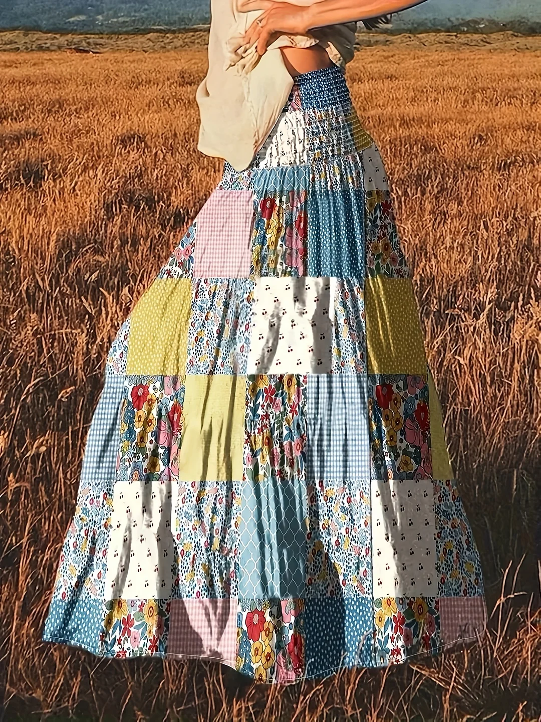 Women's Floral Patchwork Maxi Skirt - Casual A-Line Design With Blue, Yellow & White Floral Print And Gingham Fabric, Perfect For Spring And Summer | IFYHOME