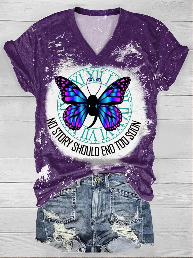 Women's No Story Should End Too Soon Butterfly Print Short Sleeve T-Shirt socialshop