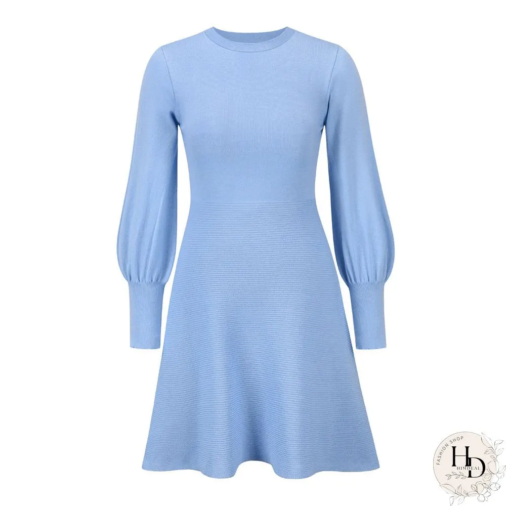 Crew Neck Long Sleeve High Elastic Waist Mini Dress