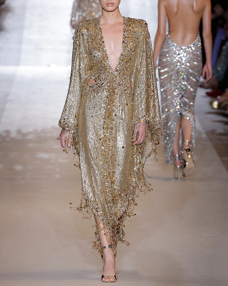 Women's V-neck sequined tassel Dress