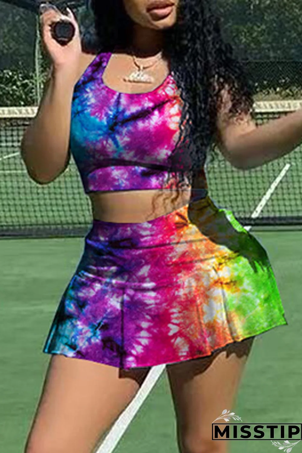 Green Yellow Sexy Casual Print Tie Dye Vests U Neck Sleeveless Two Pieces