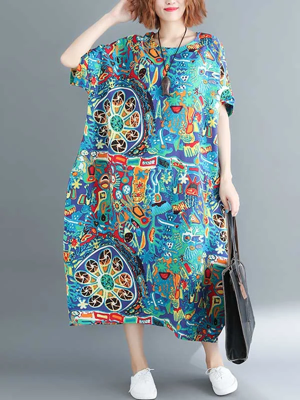 Stylish Asymmetric Printed Round-Neck Loose Batwing Sleeve Midi Dress