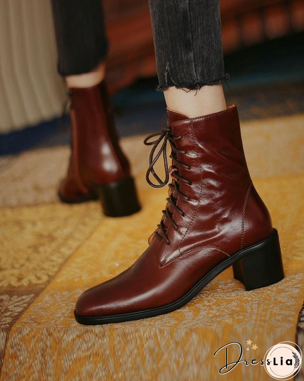 Pointed-toe Solid Color Lace-up Martin Boots