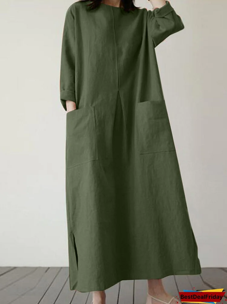 Solid Dual Pocket Slit Hem Crew Neck Vintage Dress