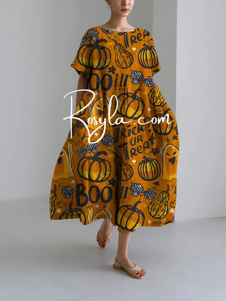 Women's Halloween Pumpkin Print Loose Round Neck Medium Length Skirt Dress