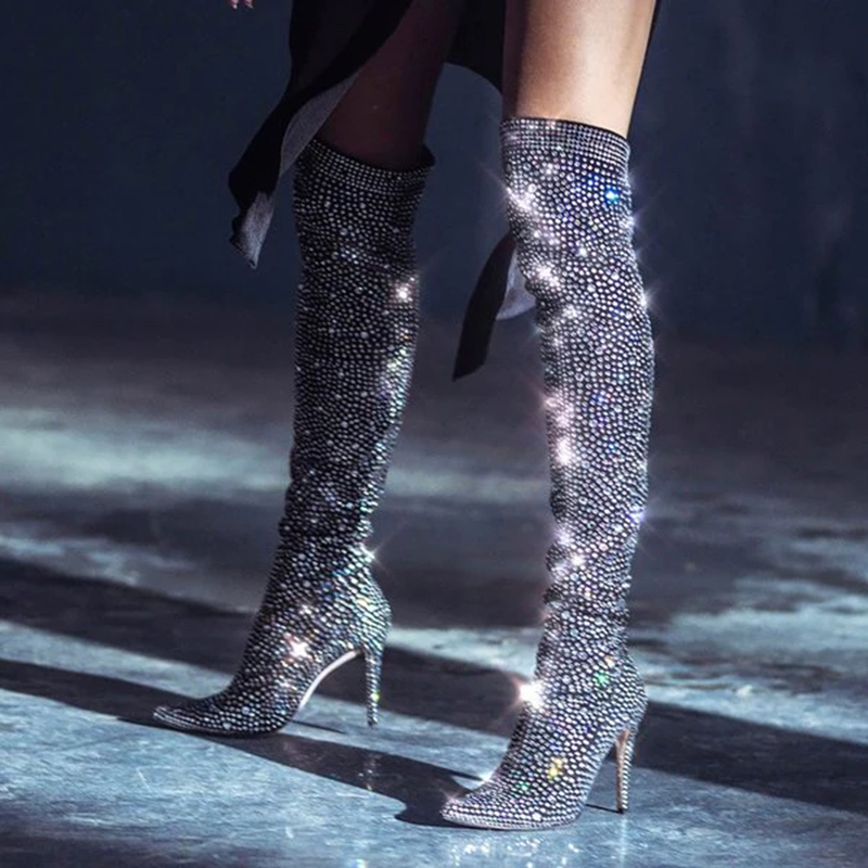 Sparkly Pointed Toe Stiletto Over-the-Knee Rhinestone Boots for Party
