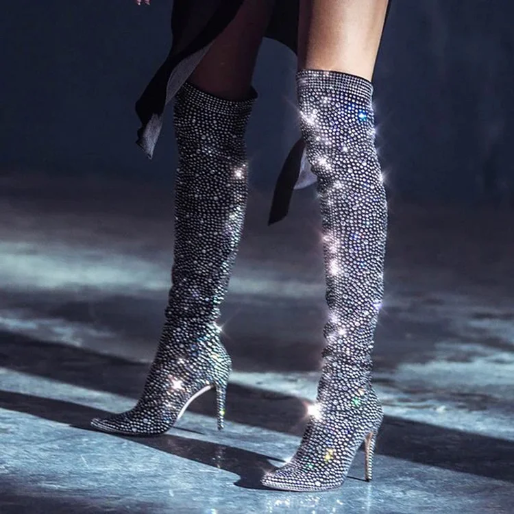 Rhinestone Over The Knee Boots Glitter Pointed Toe Stiletto Boots |FSJ Shoes