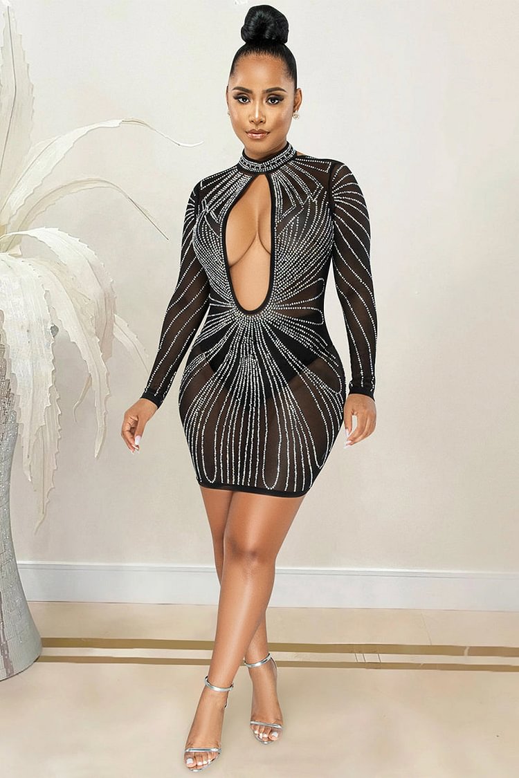 See Through Rhinestone Backless Front Cut Out Party Mini Dresses