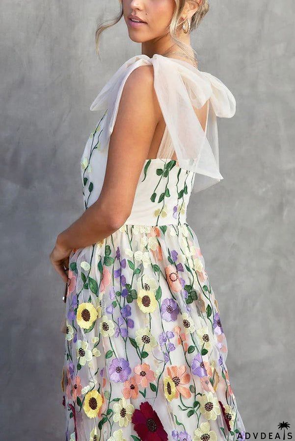 Summertime Blooms Floral Applique Adjustable Shoulder Tie Midi Dress