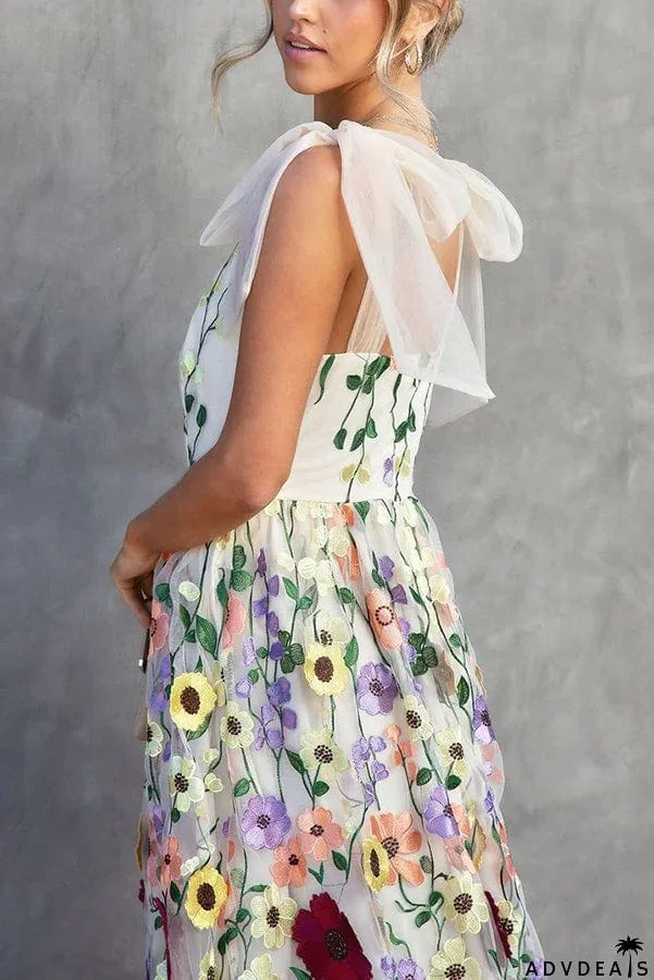 Summertime Blooms Floral Applique Adjustable Shoulder Tie Midi Dress