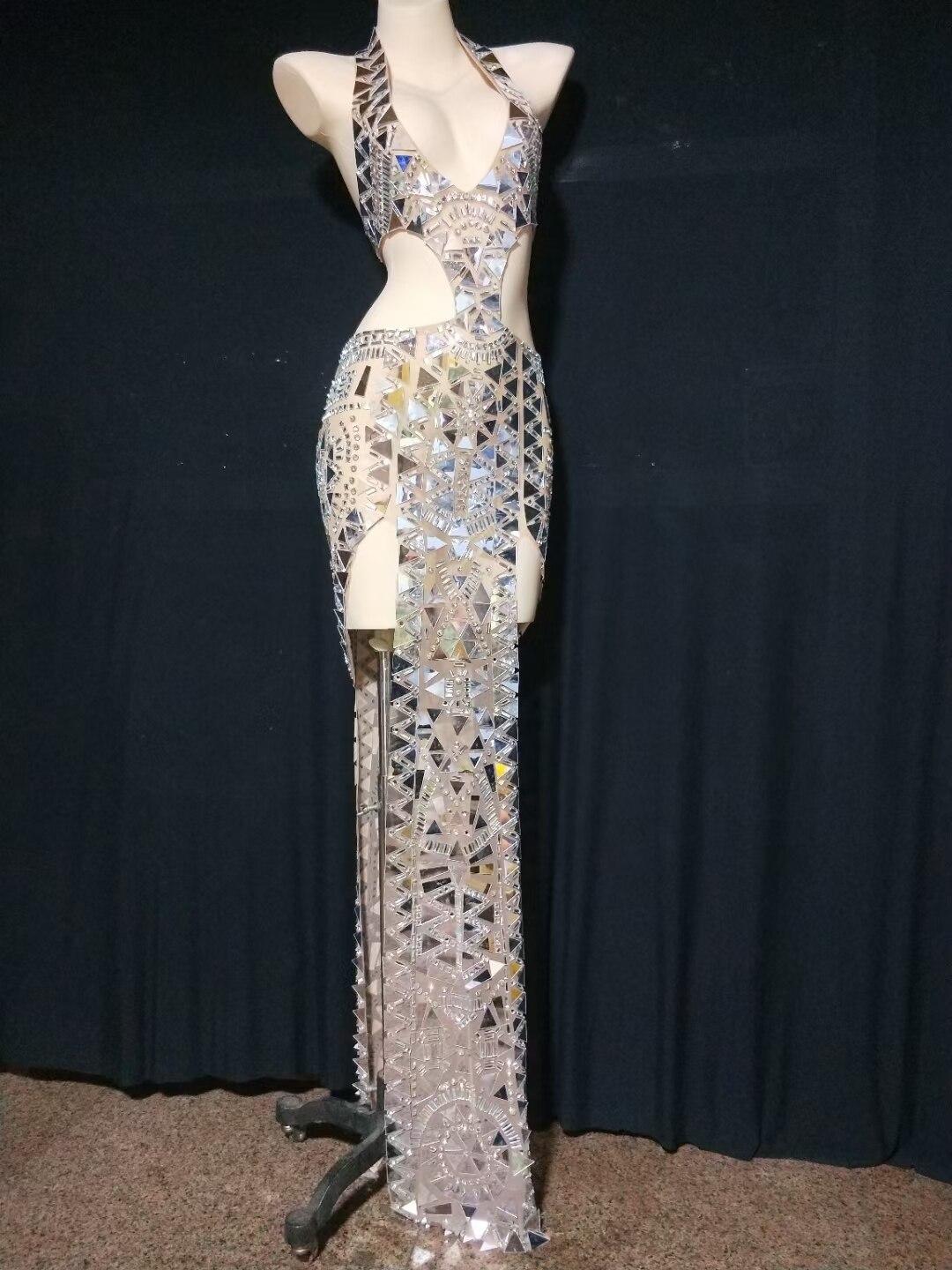 Silver Mirrors Rhinestones High Split Long Dress Women Stage Wear Bar Party Birthday Prom Sequins Outfit Singer Model Costume