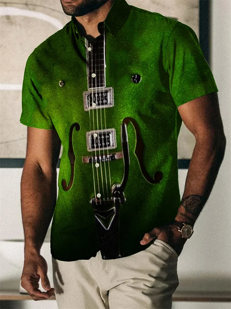 BrosWear Men's Vintage Glitter Guitar Inspired Short Sleeve Shirt