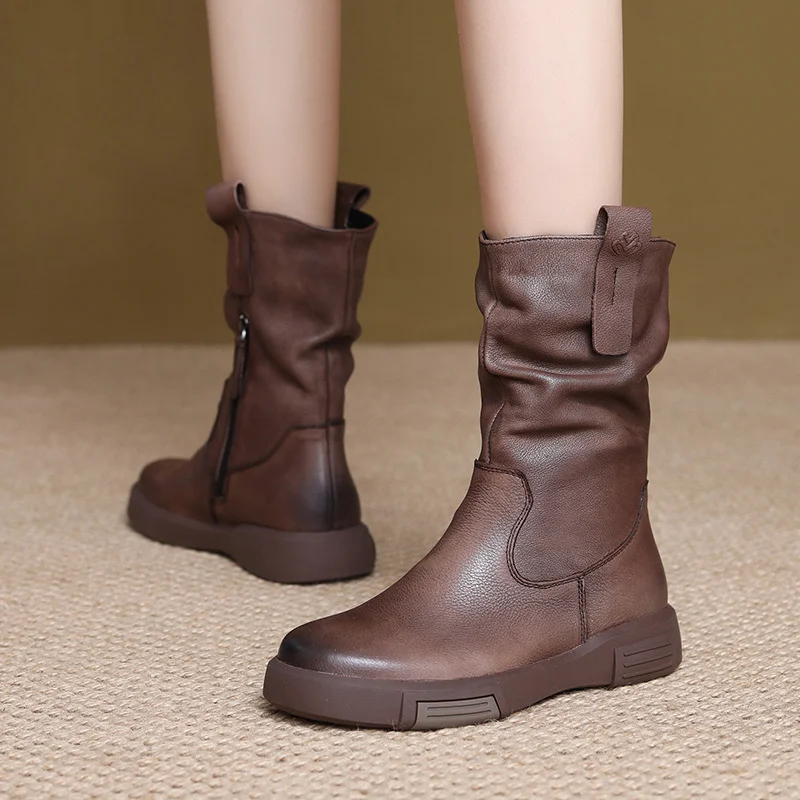 Yyvonne Layer Kraft Mid-Sleet Boots Women Autumn And Winter New Flat Bottom Comfortable Side Zipper Martin Boots Retro Style Horse Boots