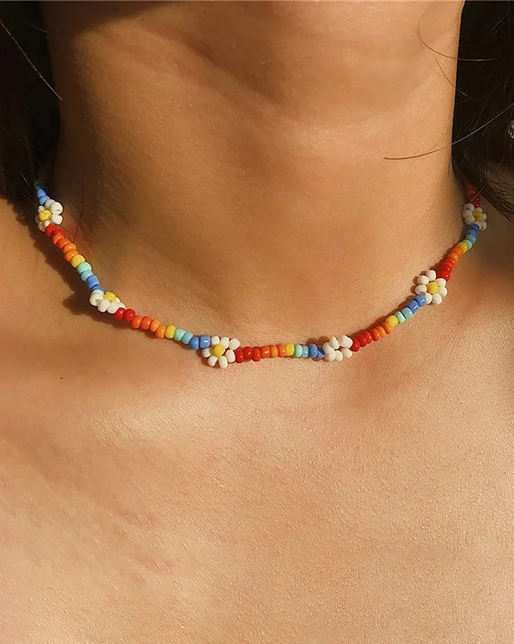 Rainbow Color Daisy Pattern Beads Choker Necklace P9675251611