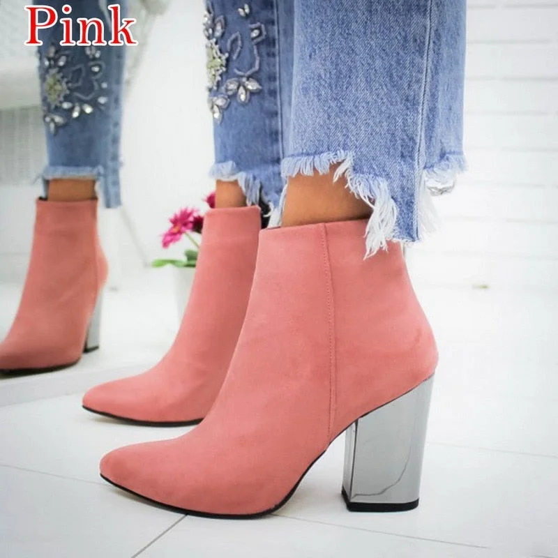 Fashion Chain Women's Boots Leather Heels Back Zipper Woman Boots Pointed High Heels Shoes For Women 2021 Ankle Boots Female