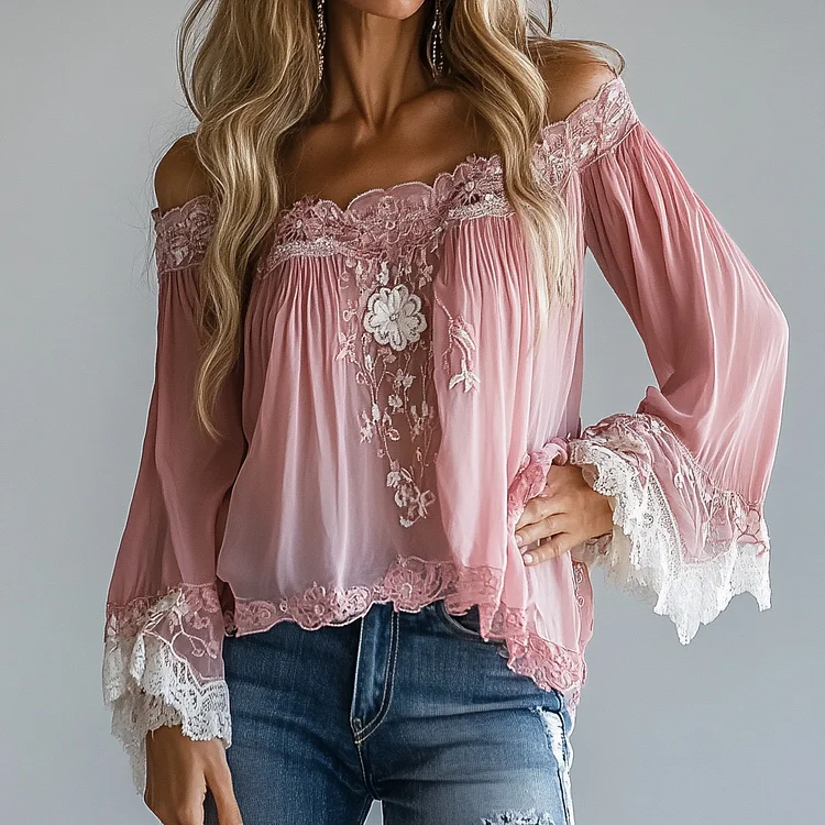 Ursime Lace Floral Off Shoulder Flare Sleeve Blouse