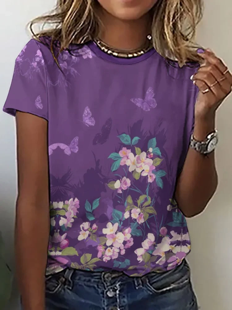 Printed Short Sleeve Casual T-shirt for  Women and Men Unisex Pattern Floral, Purple, Pink