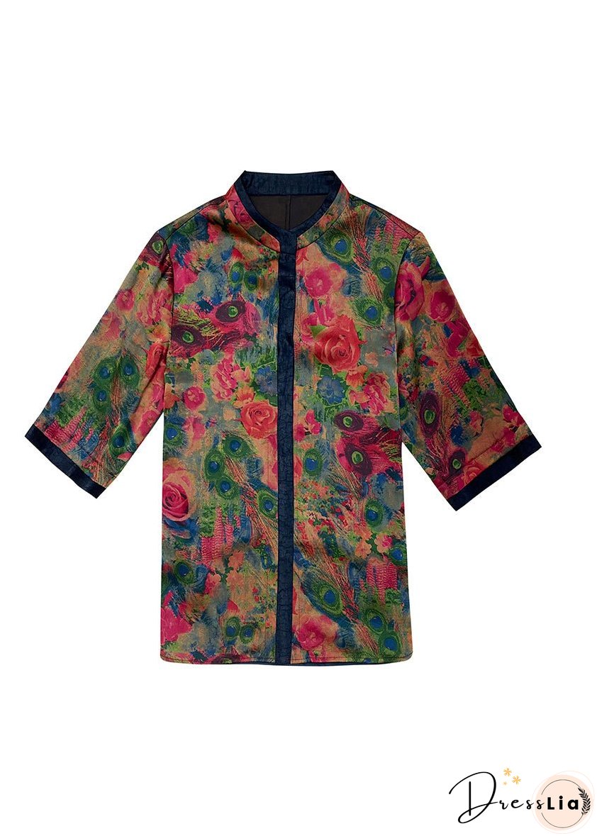 Style Red Stand Collar Patchwork Floral Print Silk Blouses Half Sleeve