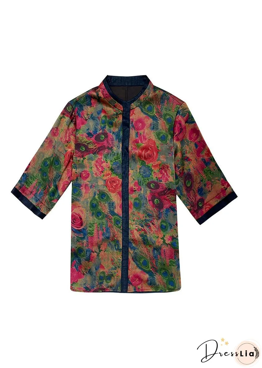 Style Red Stand Collar Patchwork Floral Print Silk Blouses Half Sleeve