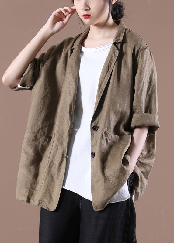 VCSHOES Dark Brown Notched Collar Pockets Linen Coat Long Sleeve
