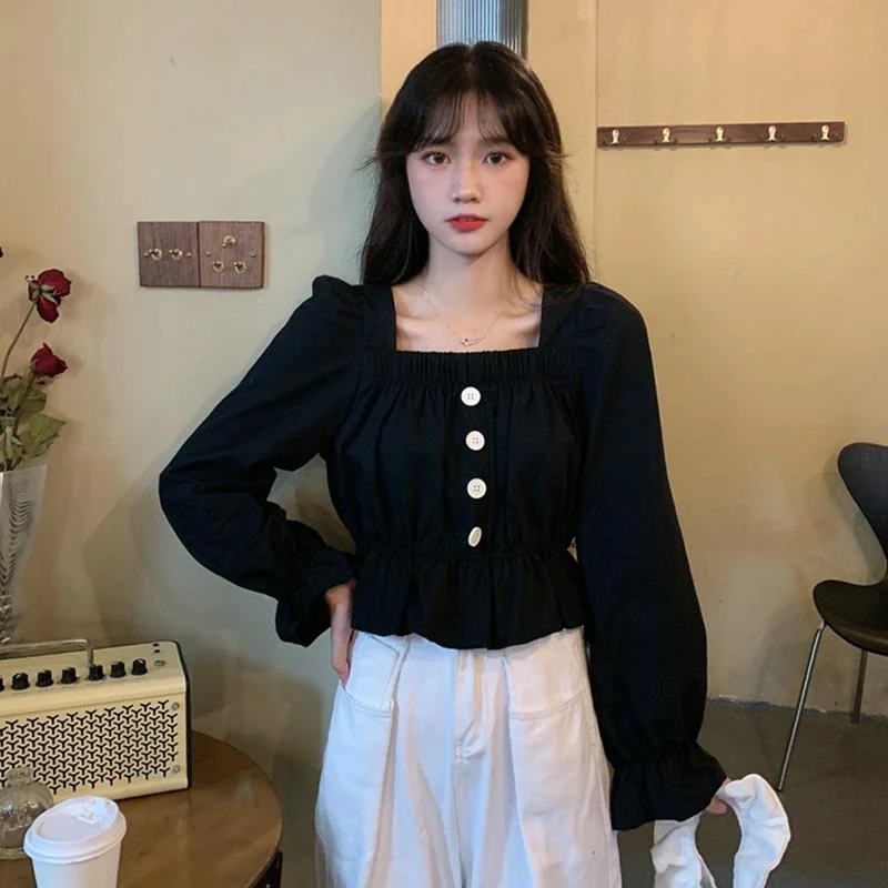 Vintage Blouse Women Long Sleeve Ruffles Tops Elegant Square Collar Cropped Solid Color Black White Button Basic Tee Shirt